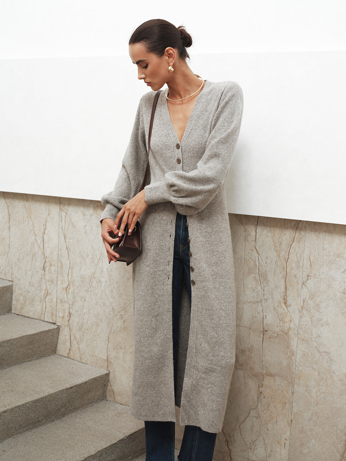 Button-Front Longline Knit Outerwear