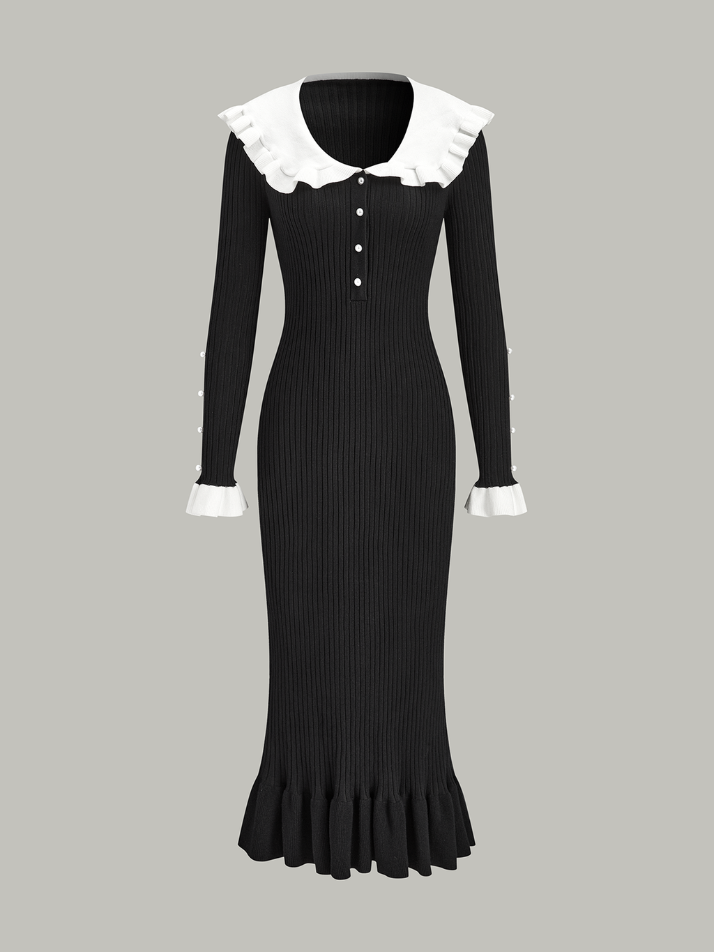 Contrast Ruffled Collar Knit Midi Dress