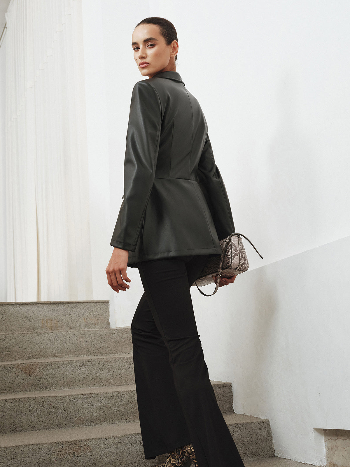 Slim Fit Lapel PU Leather Jacket