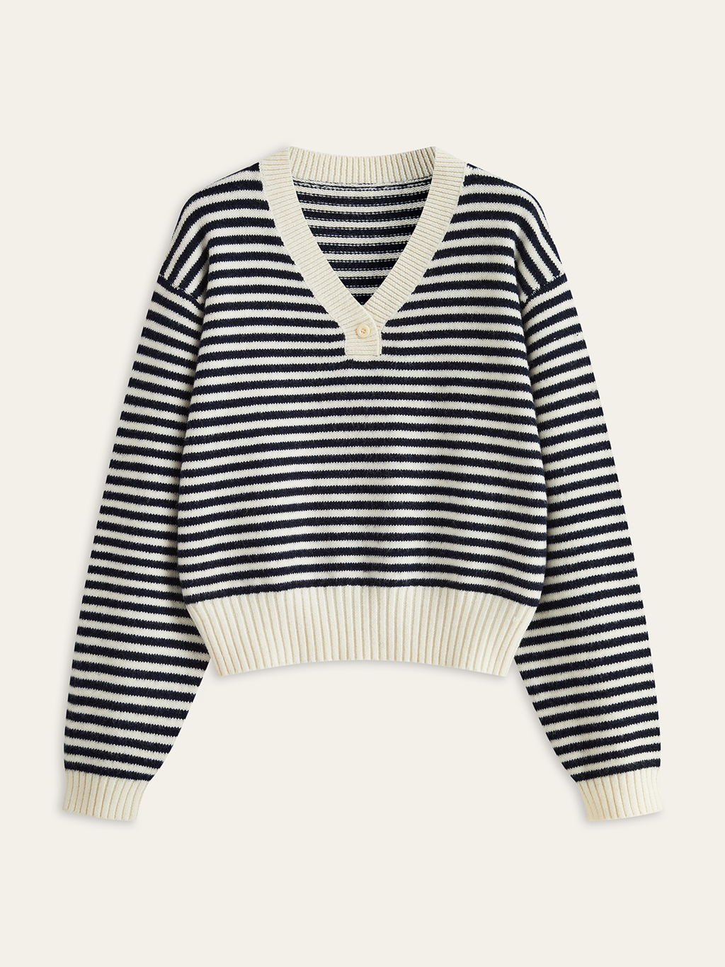 Gestreifter V-Ausschnitt-Pullover aus Wollmischung mit Knöpfen