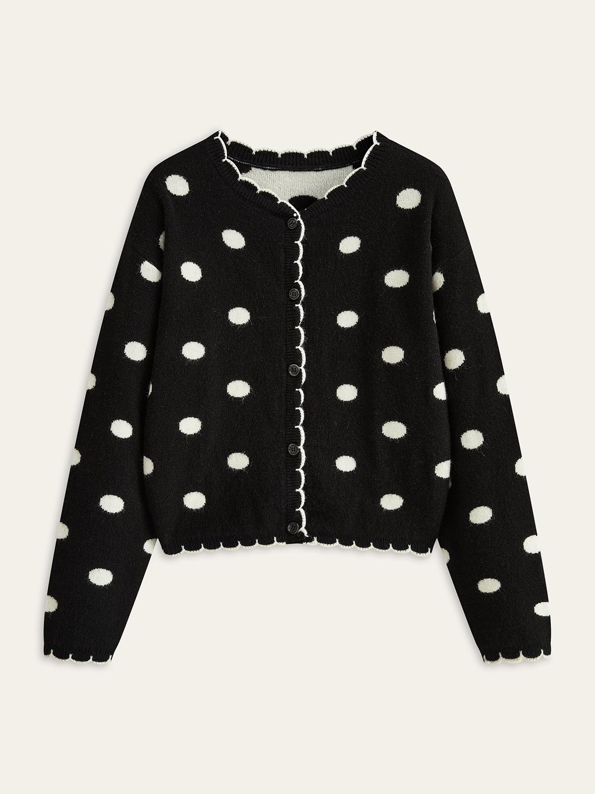Scalloped Trim Polka Dot Knit Cardigan
