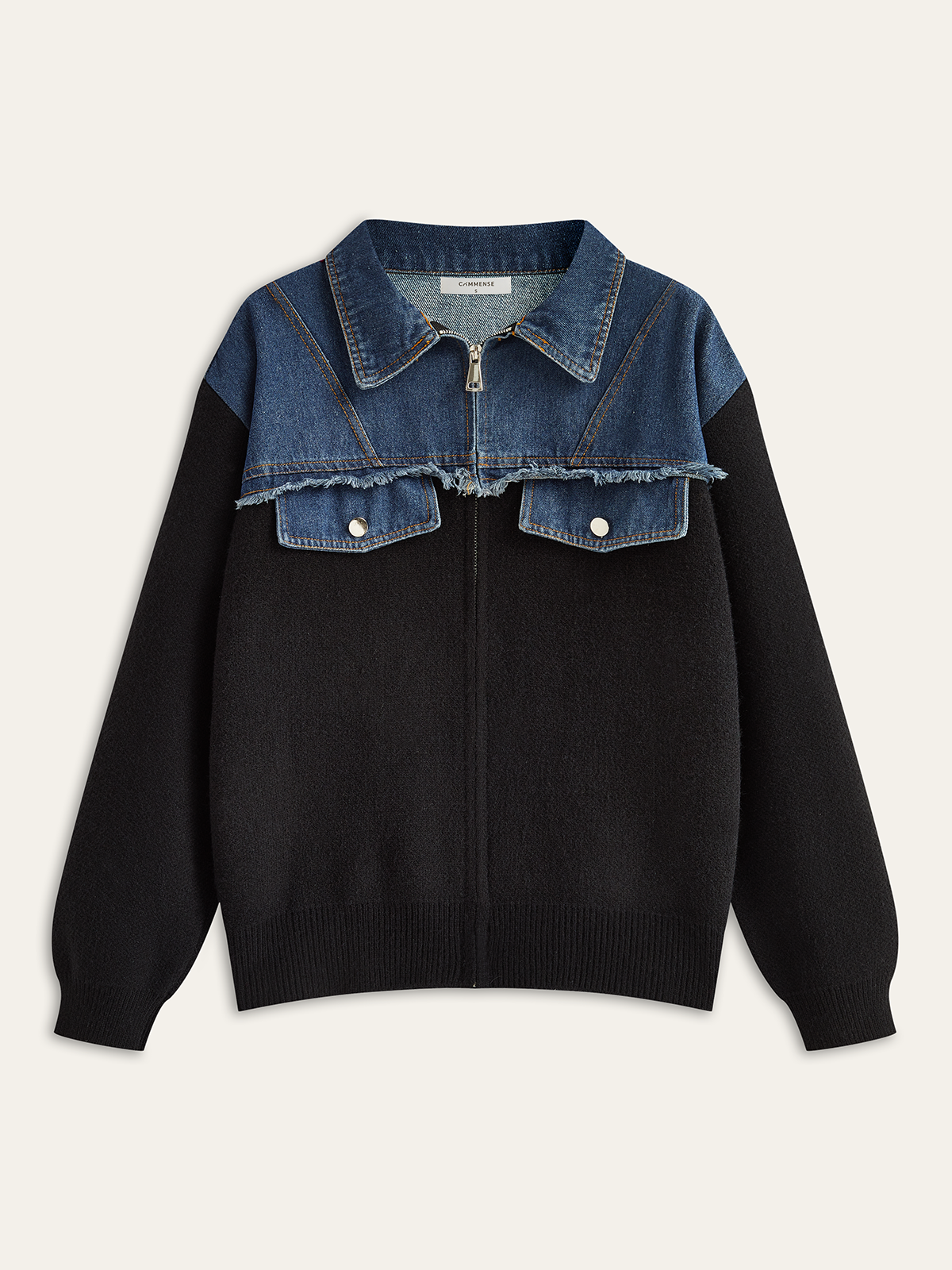 Denim Panel Zipper Cardigan