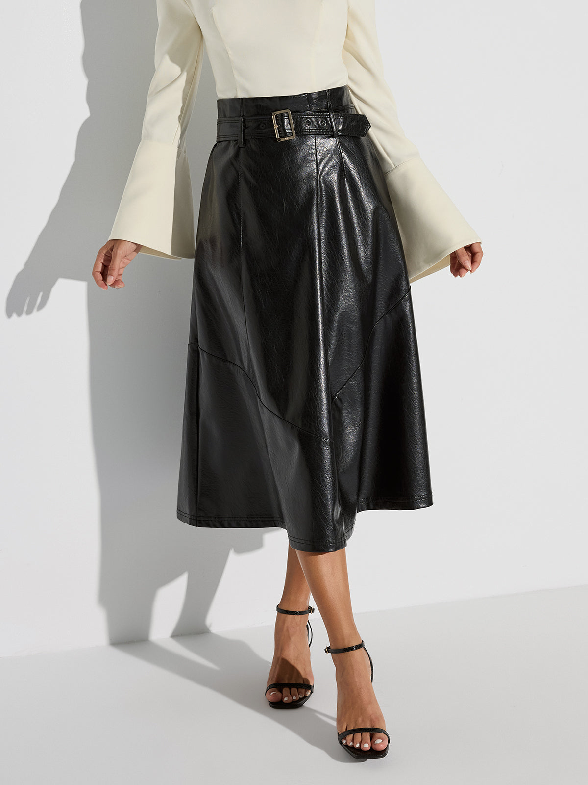 Belted PU Leather Maxi Skirt