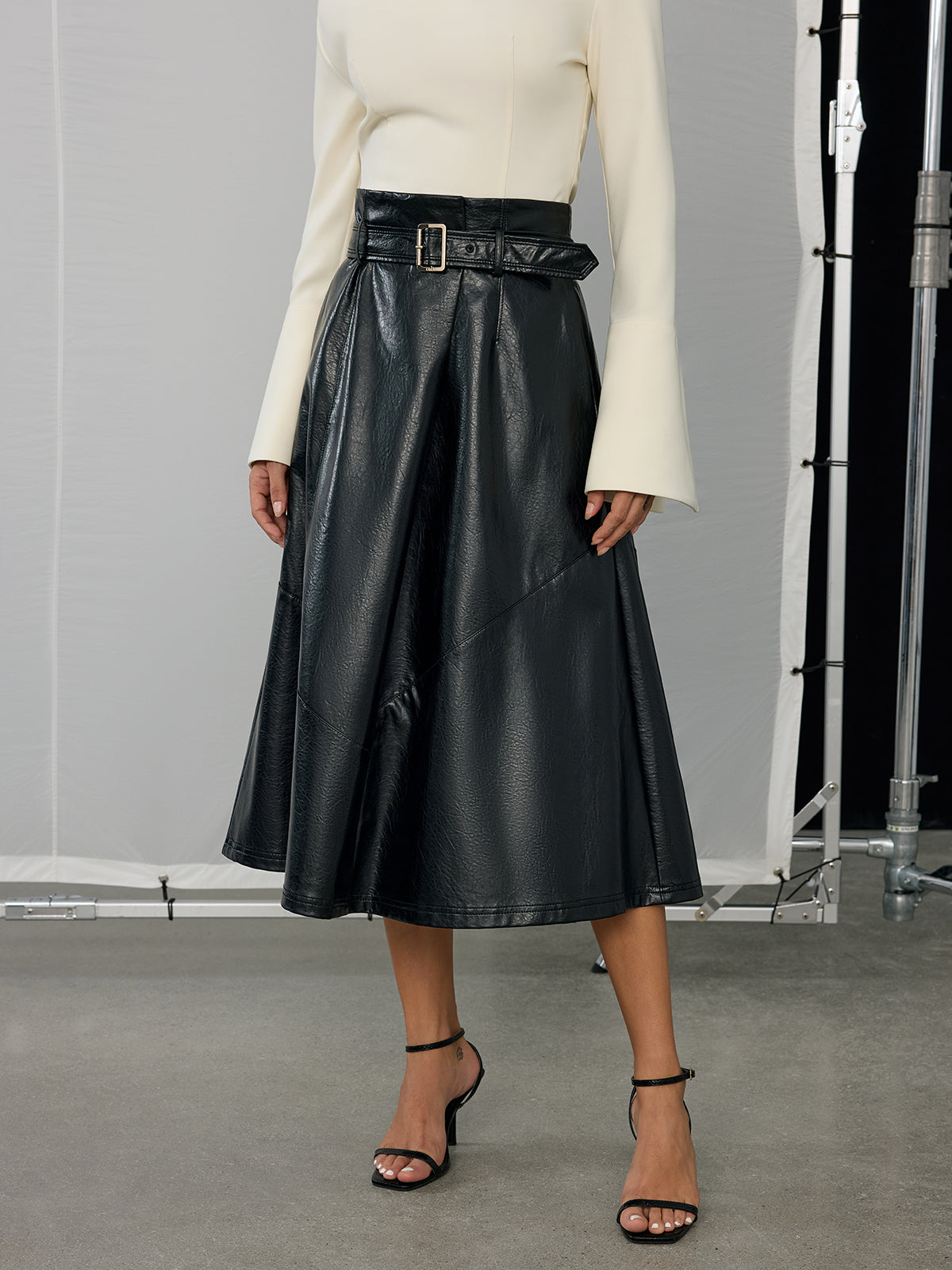 Belted PU Leather Maxi Skirt