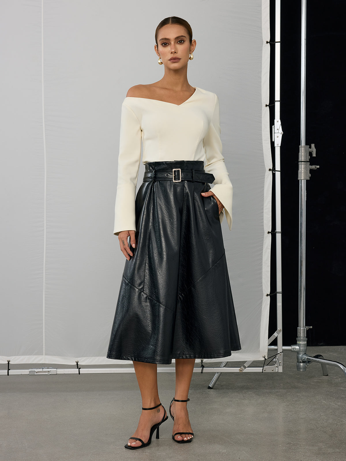 Belted PU Leather Maxi Skirt