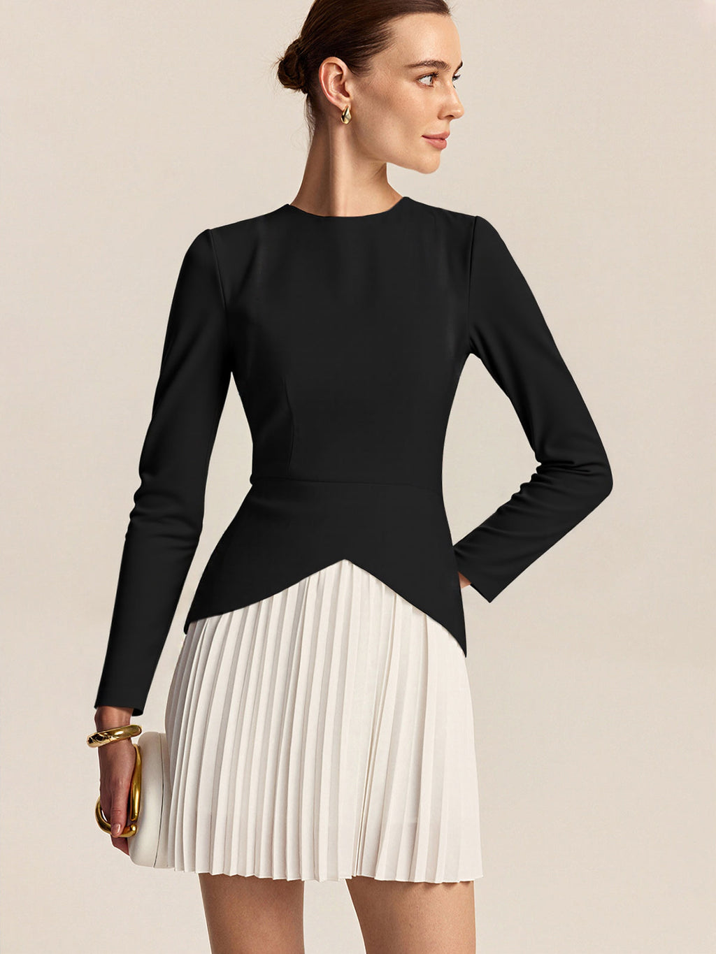 Langärmeliges Color-Block-Plisseekleid