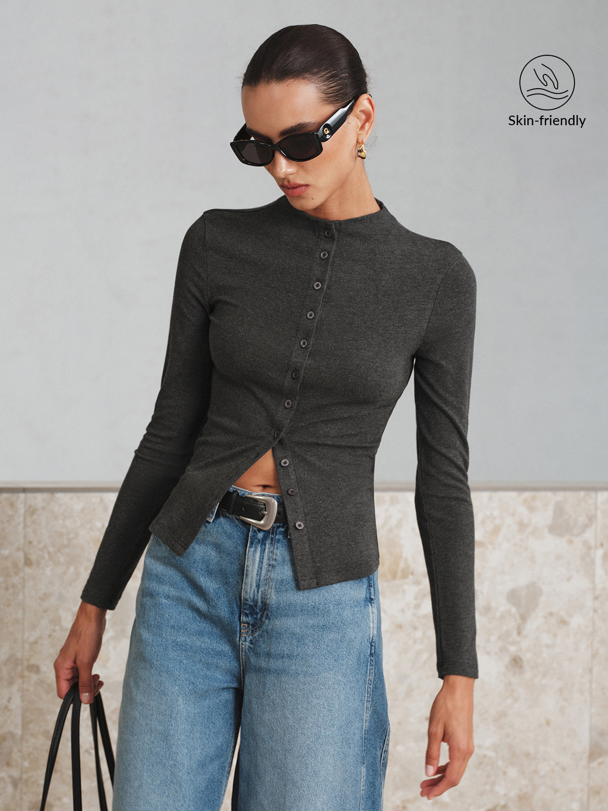 Mock Neck Knopf Langarm T-Shirt