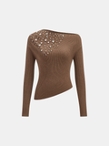 Off-Shoulder Rippstrick-Oberteil aus Wollmischung mit Strasssteinen