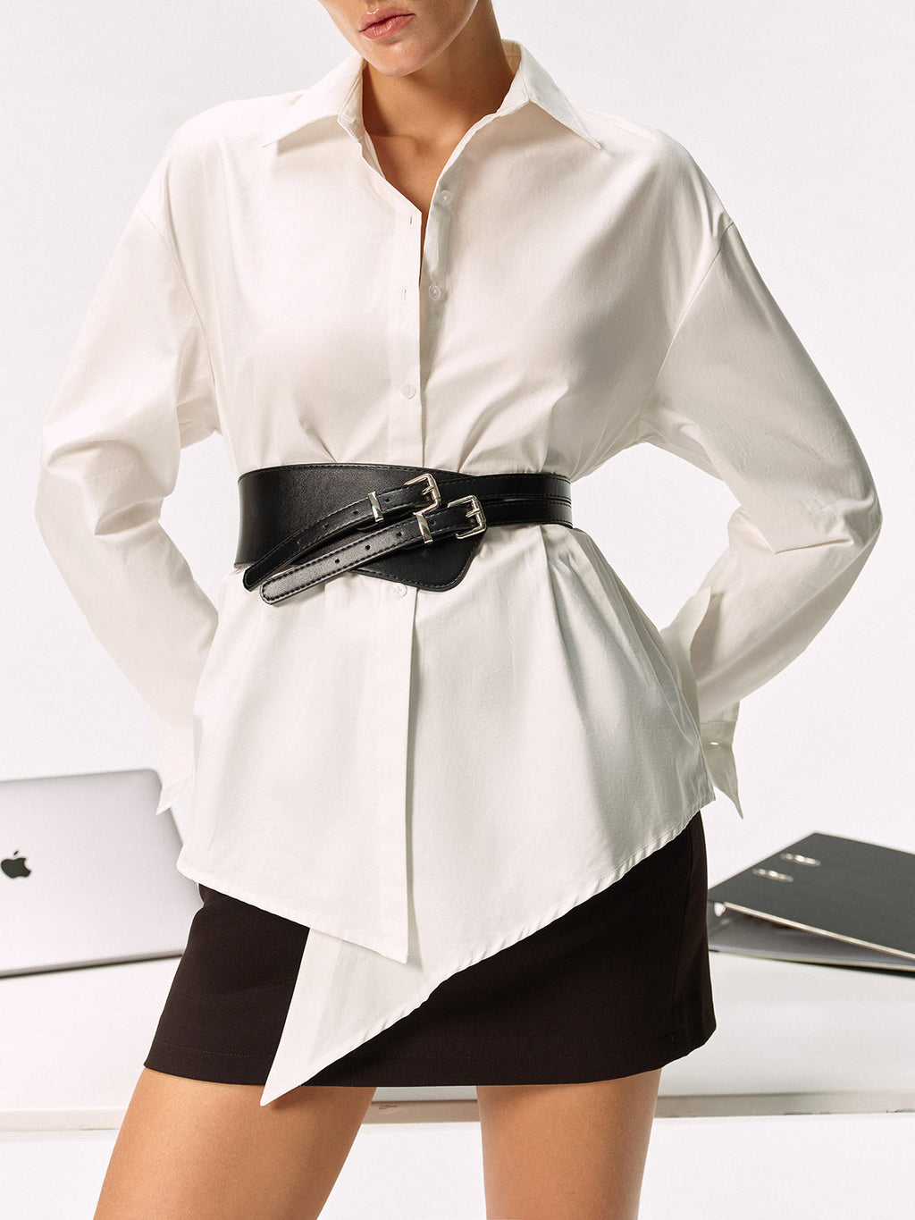 Ceinture large en cuir PU à double boucle