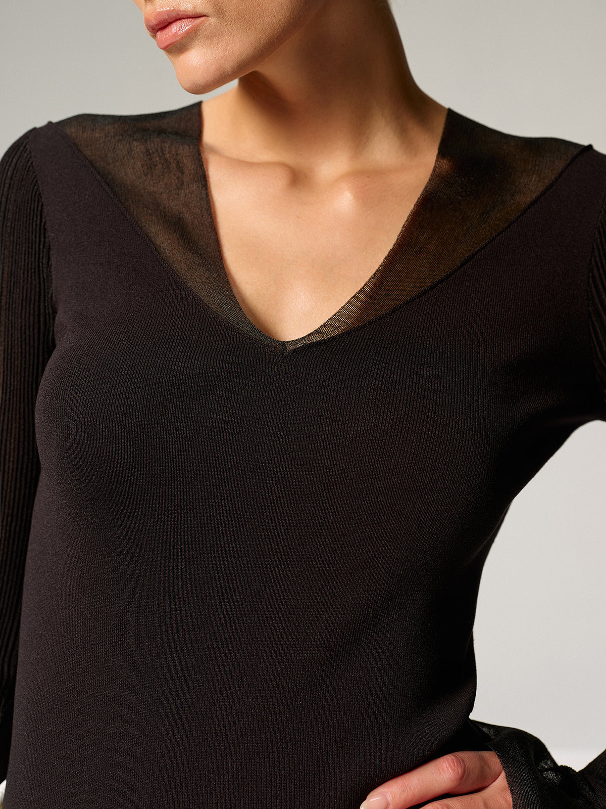 Sheer Paneled Bell Sleeve Knit Top