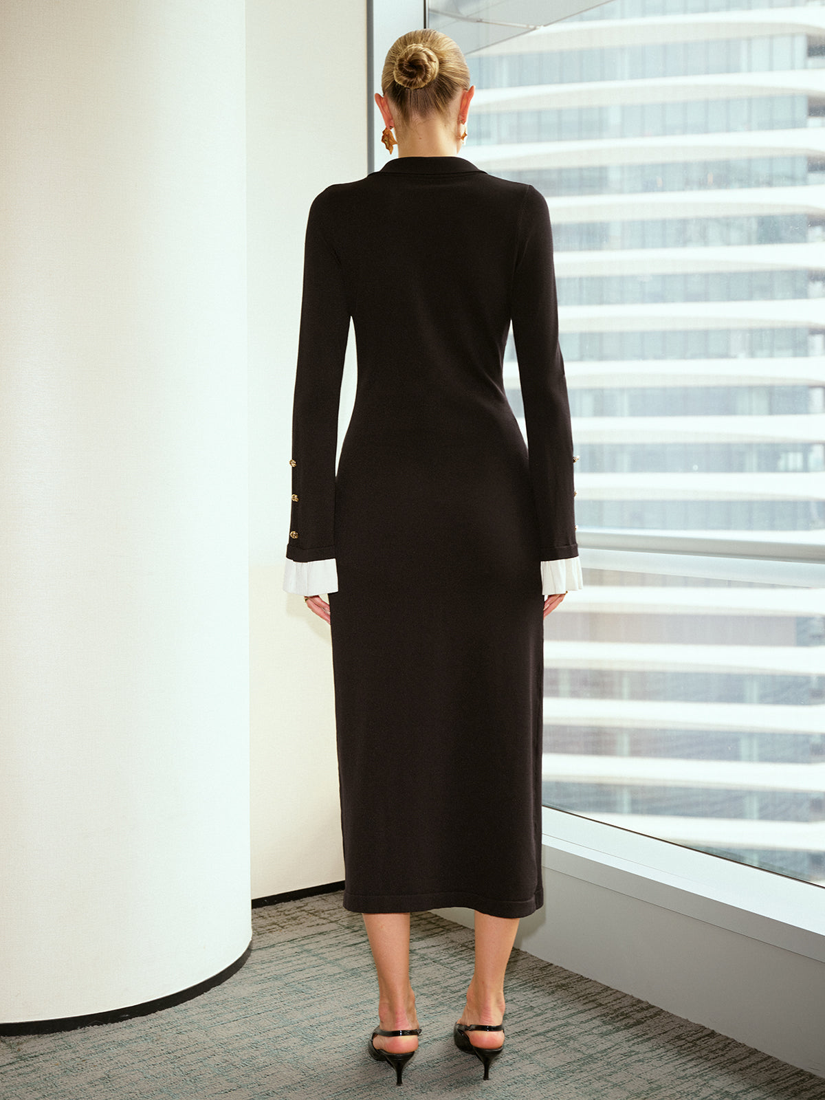 Contrast Flared Cuff Metal Button Shirt Dress