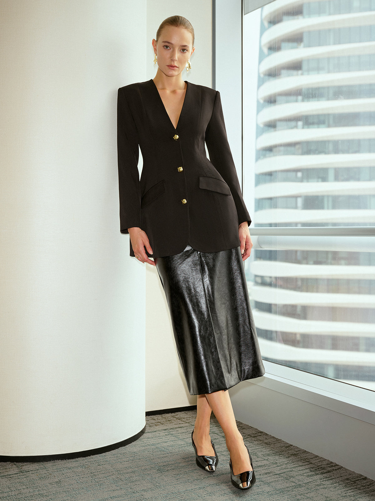 V-Neck Metal Button Blazer