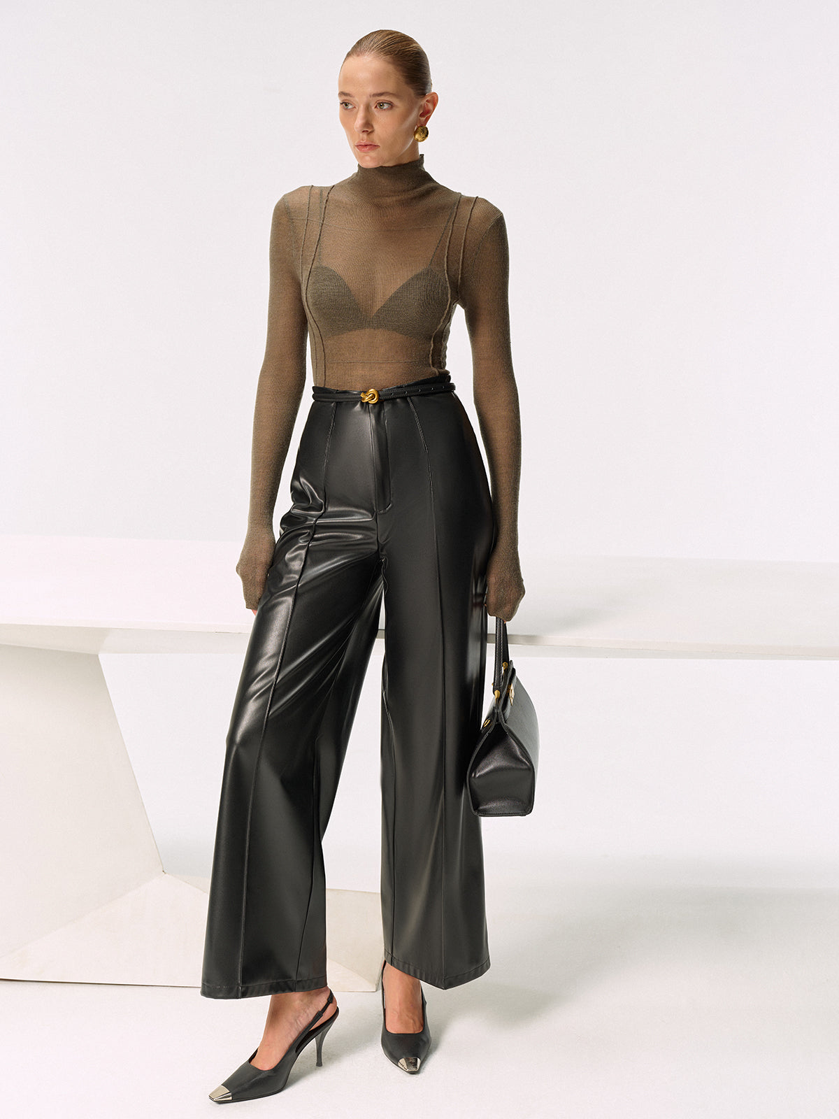 Wool Blend Fitted Sheer Turtleneck Knit Top