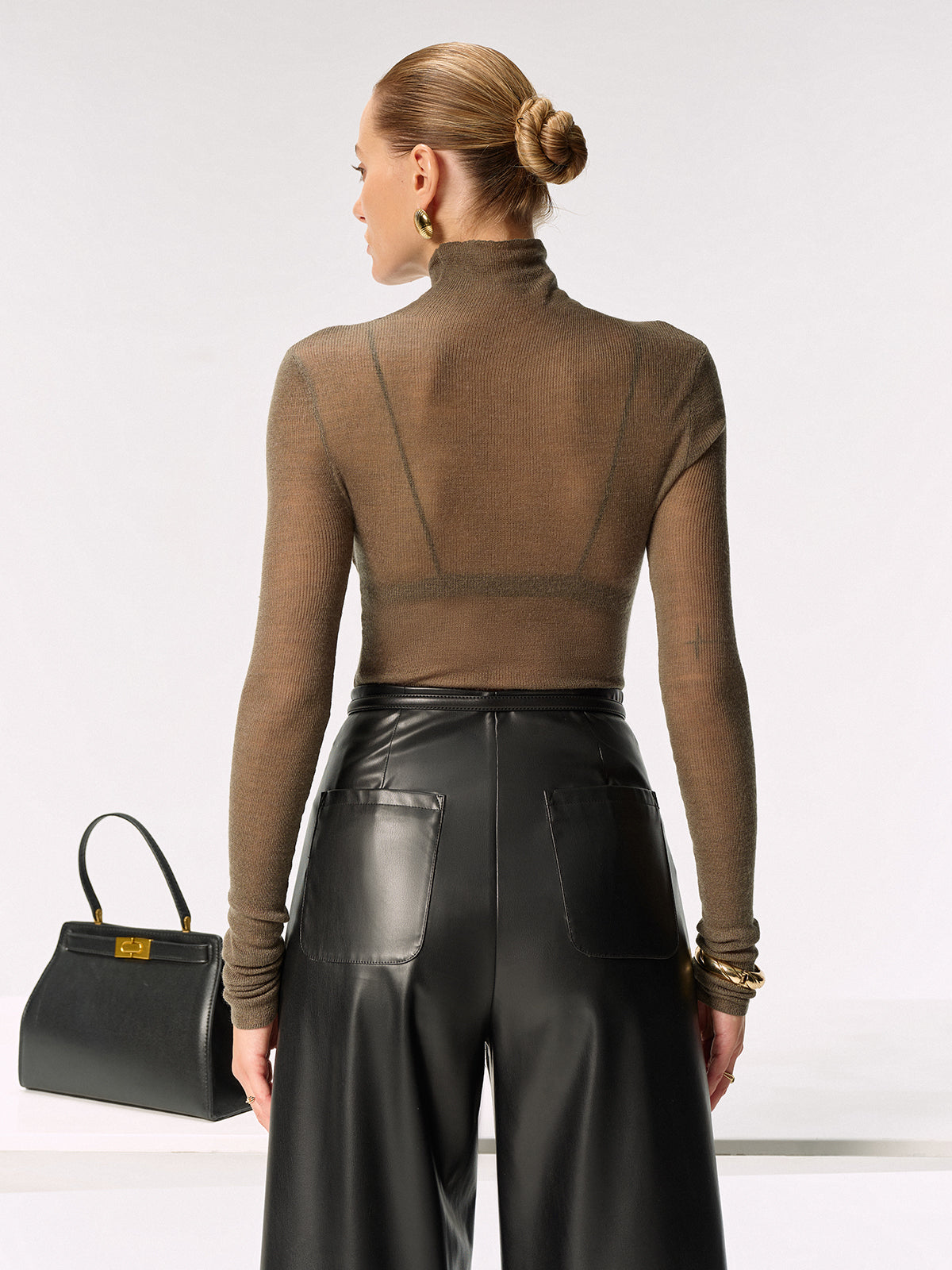 Wool Blend Fitted Sheer Turtleneck Knit Top