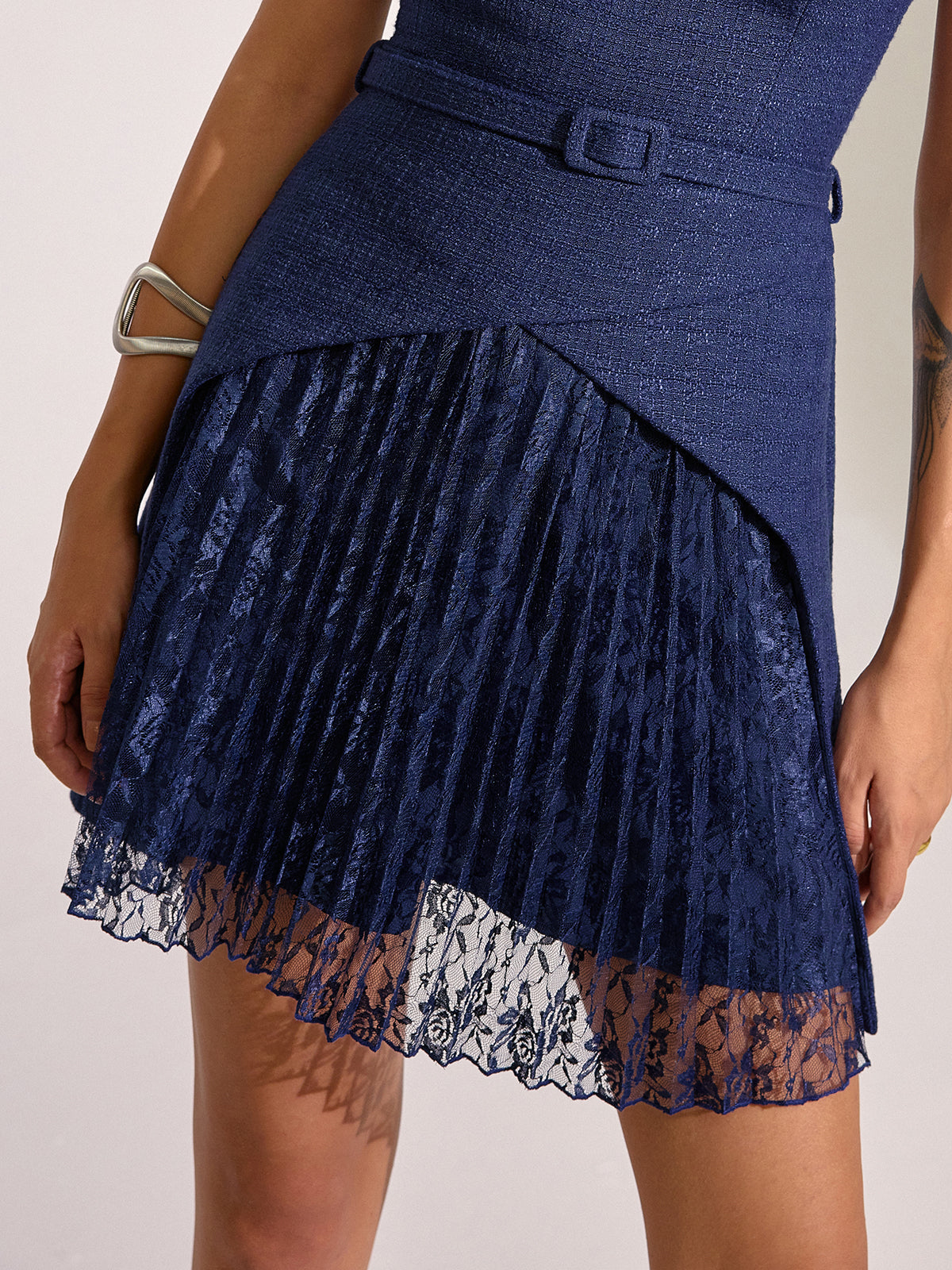 Belted Pleated Lace Mini Dress