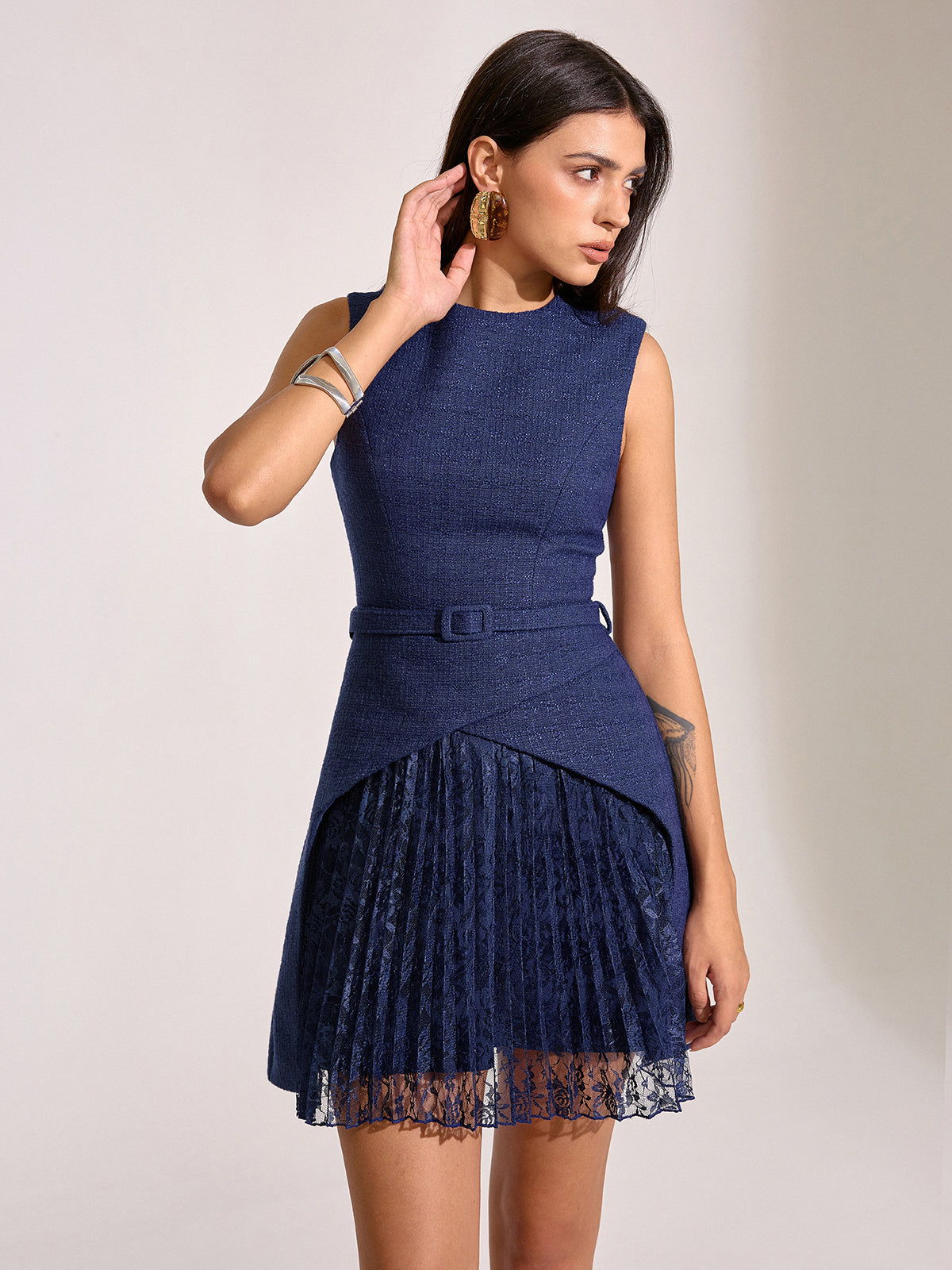 Belted Pleated Lace Mini Dress