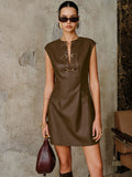 PU Leather Metal Buckle Sleeveless Mini Dress