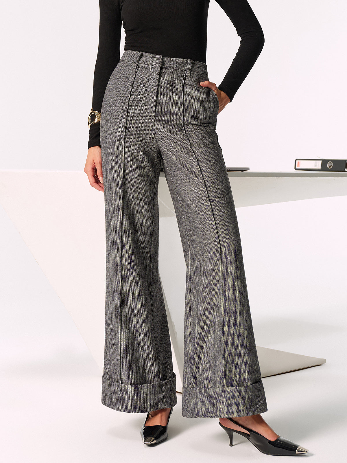 Mid-Waist Cuffed Wide-Leg Pants