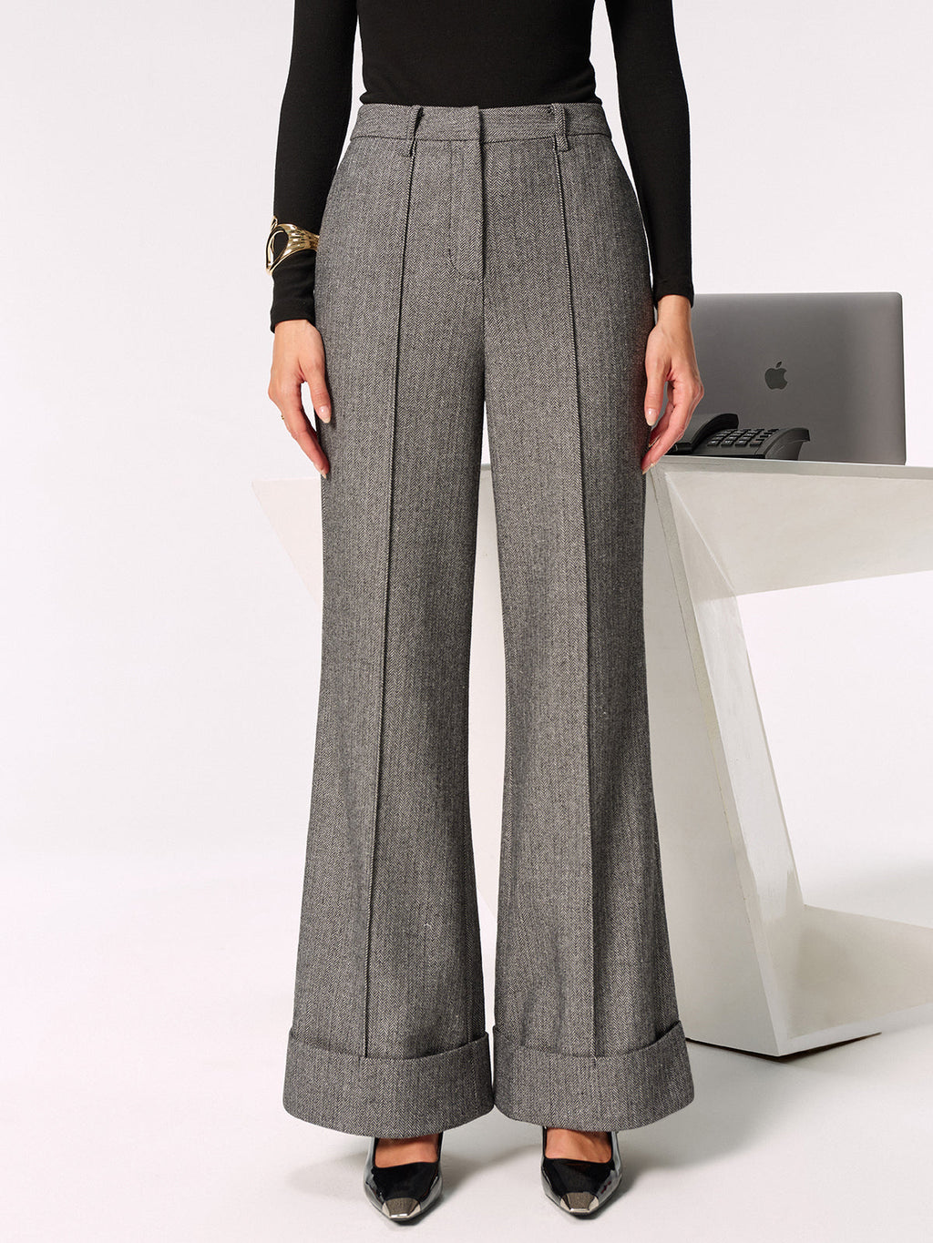Pantalon large à revers, taille mi-haute