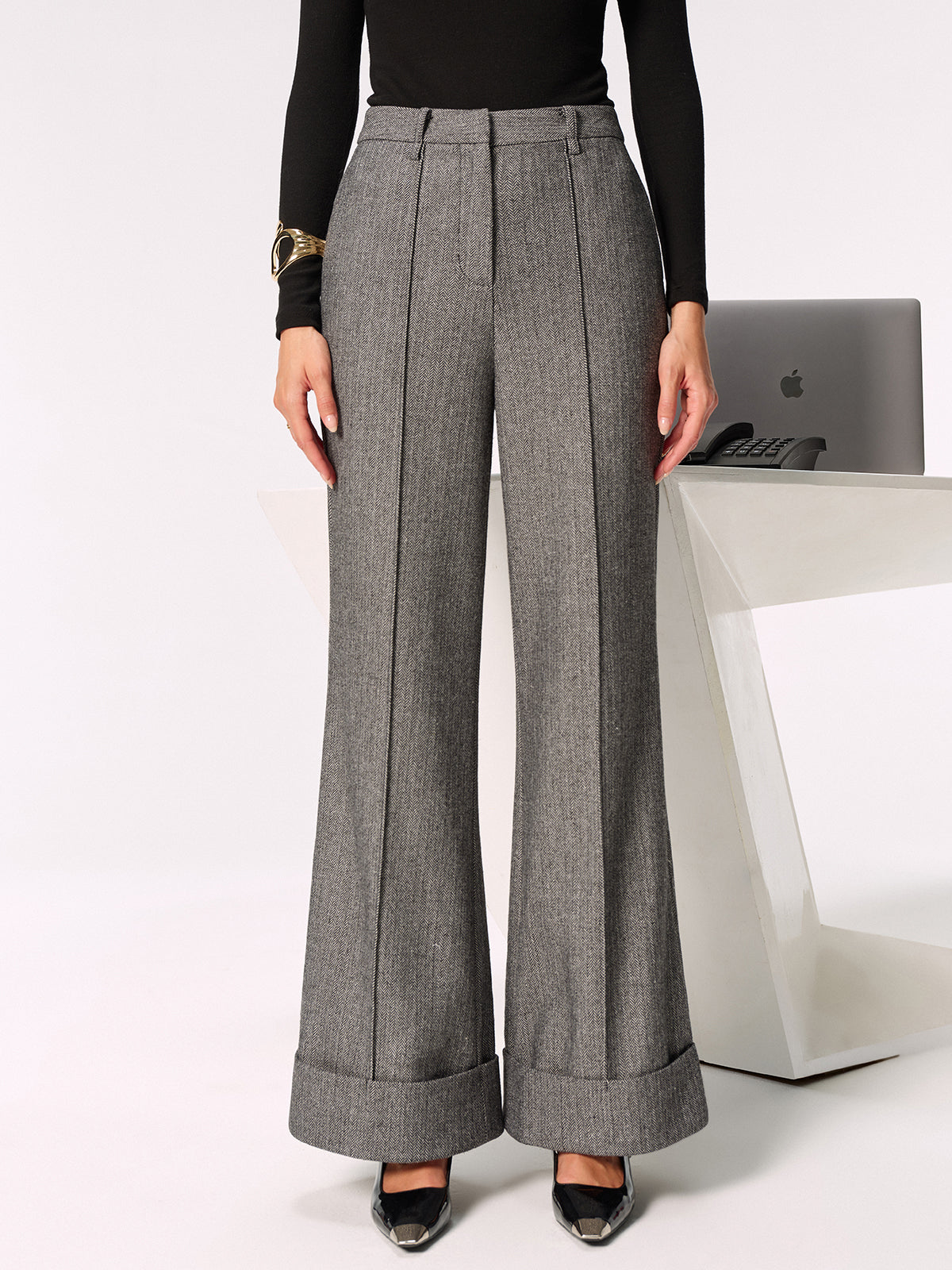 Pantalon large à revers, taille mi-haute