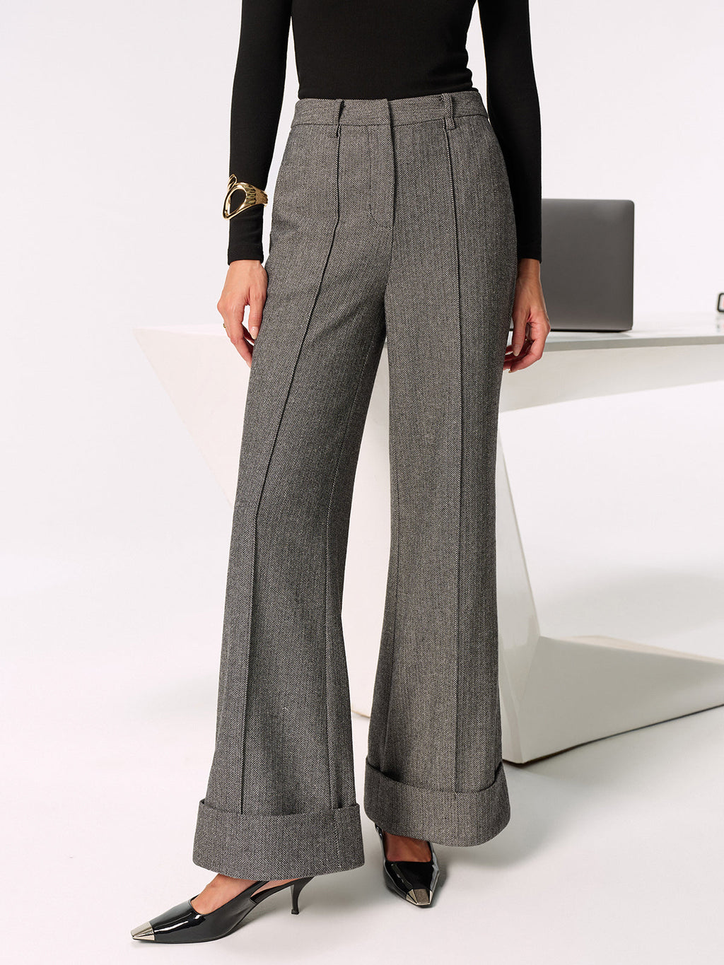 Pantalon large à revers, taille mi-haute