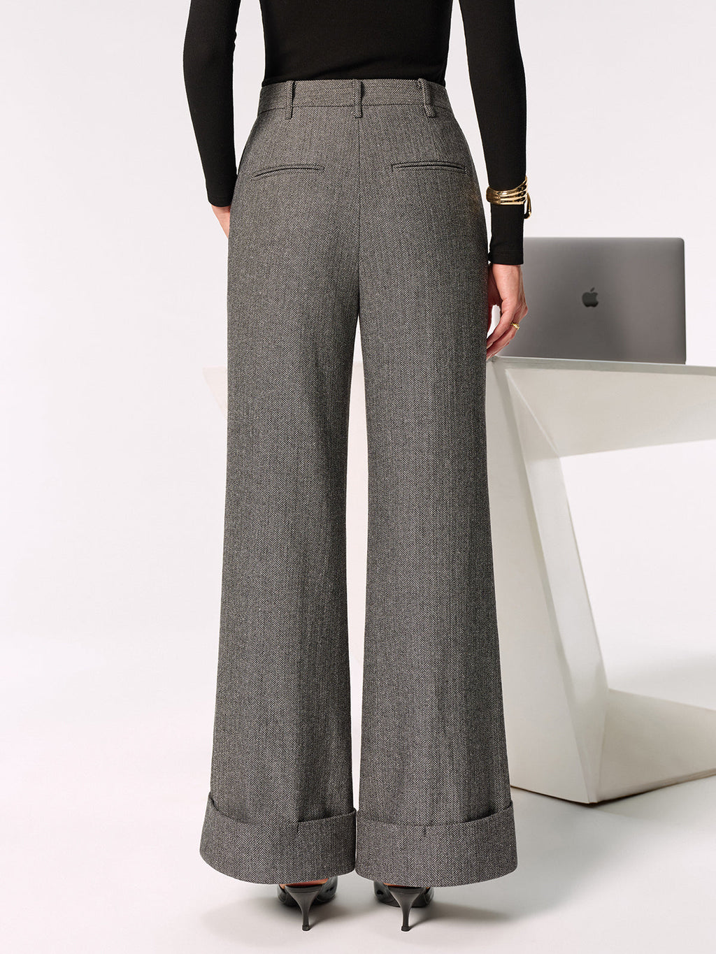 Pantalon large à revers, taille mi-haute