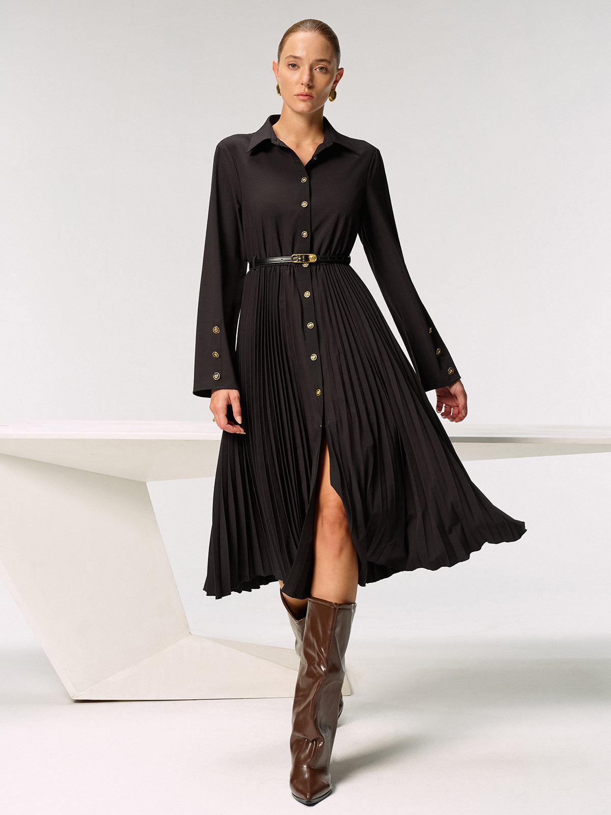 Metal Button Belted Pleated Shirt Dress