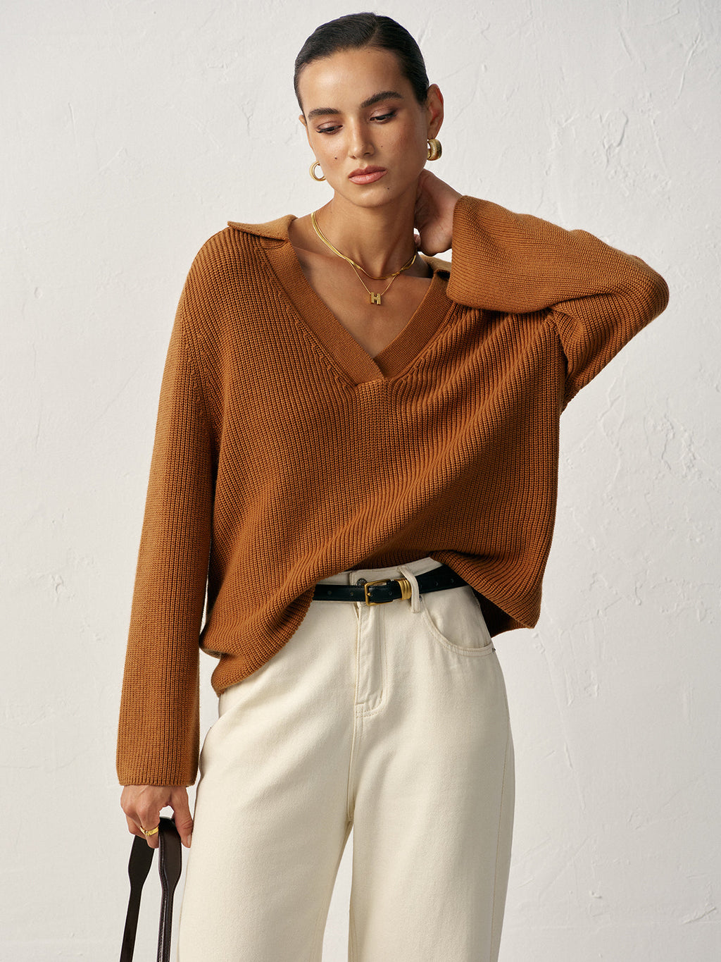 Pullover mit Polokragen und V-Ausschnitt aus Wollmischung