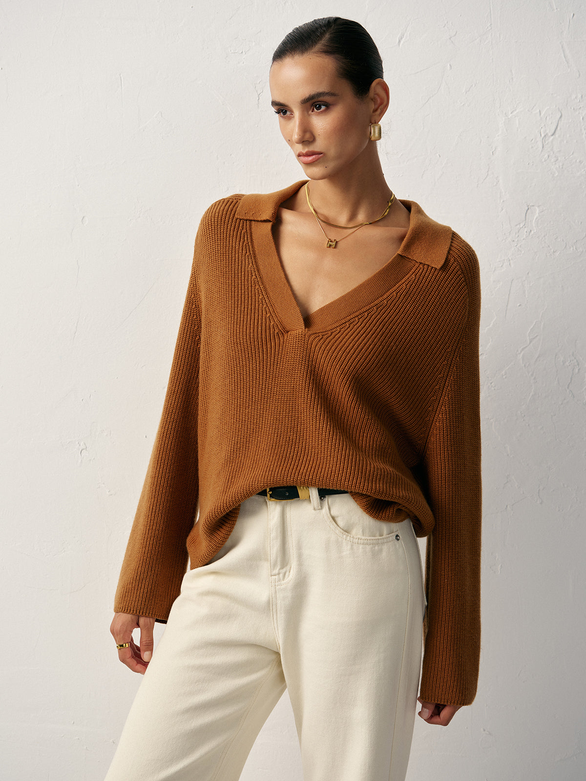 Wool Blend Polo Collar V-Neck Sweater