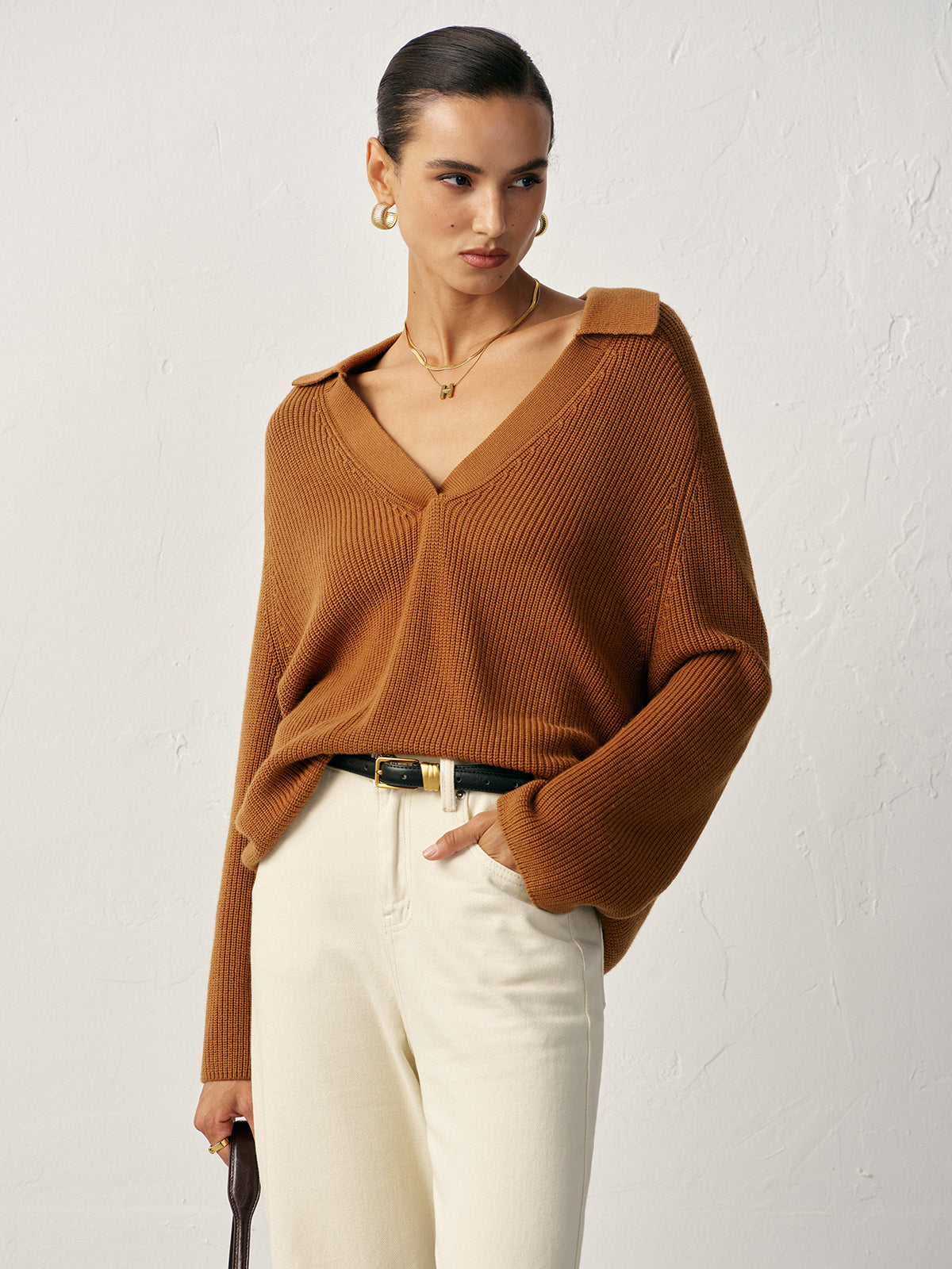 Wool Blend Polo Collar V-Neck Sweater