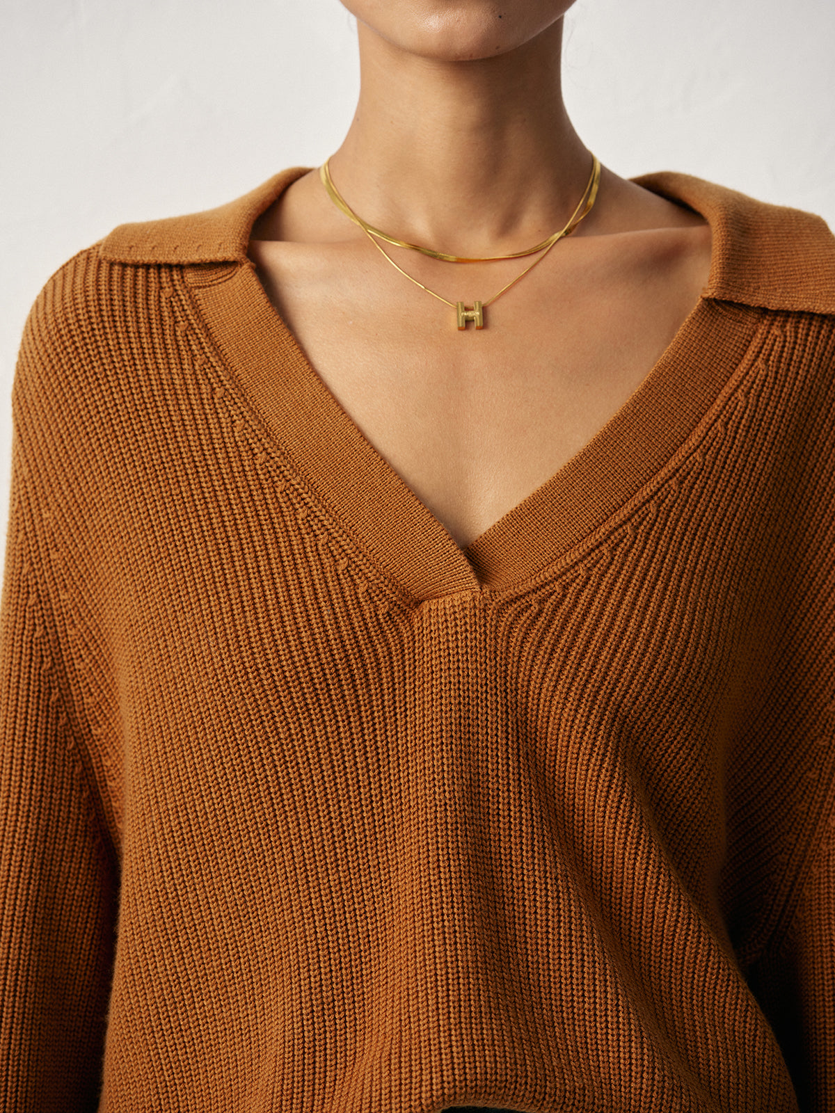 Wool Blend Polo Collar V-Neck Sweater