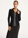 Strickjacke mit Polokragen und Kontrastbesatz