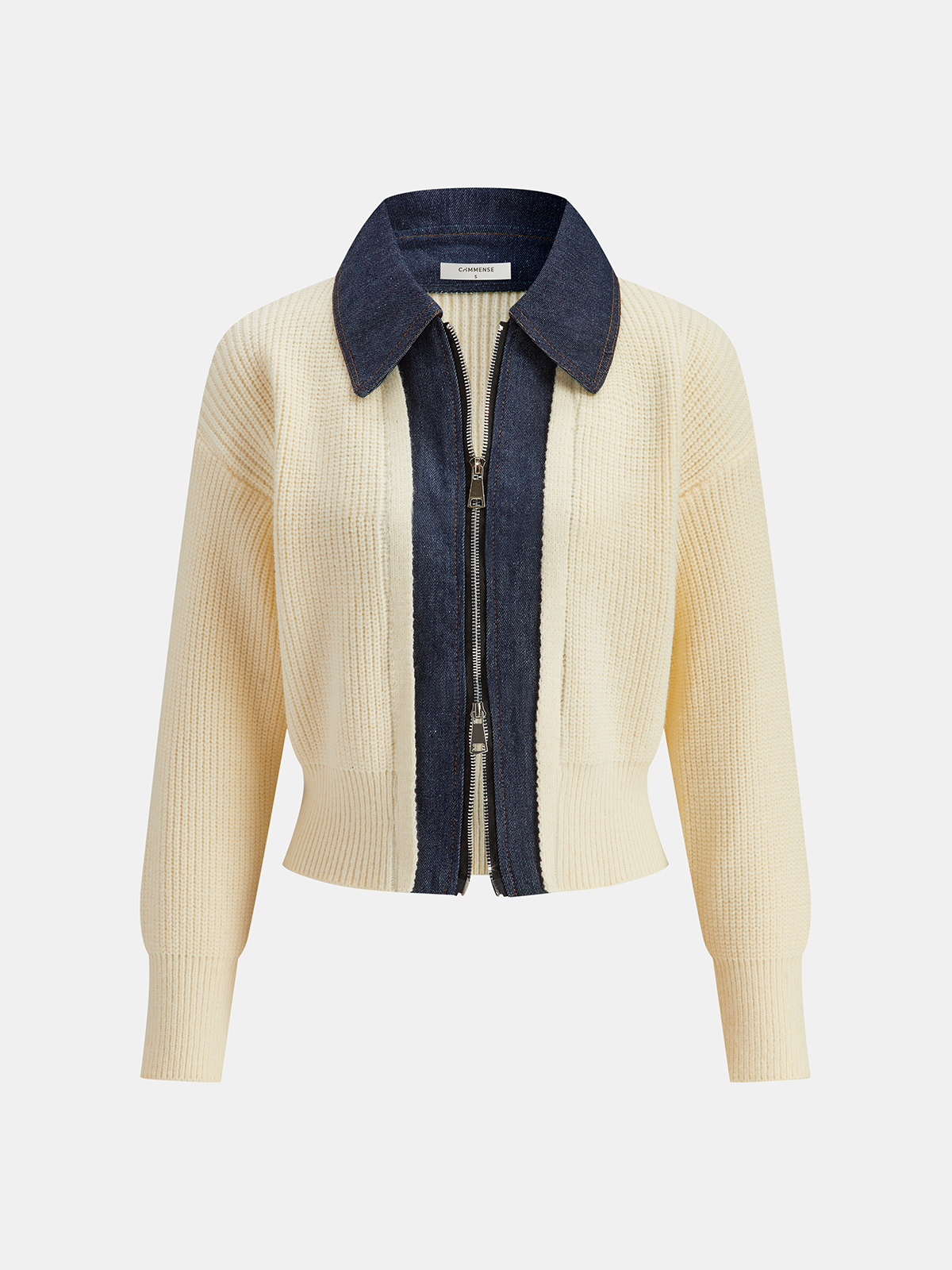 Denim Panel Zip Knitted Cardigan