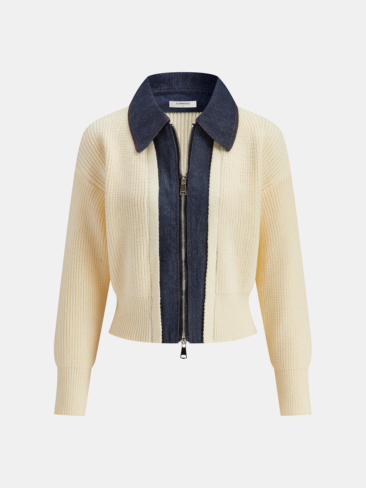 Denim Panel Zip Knitted Cardigan