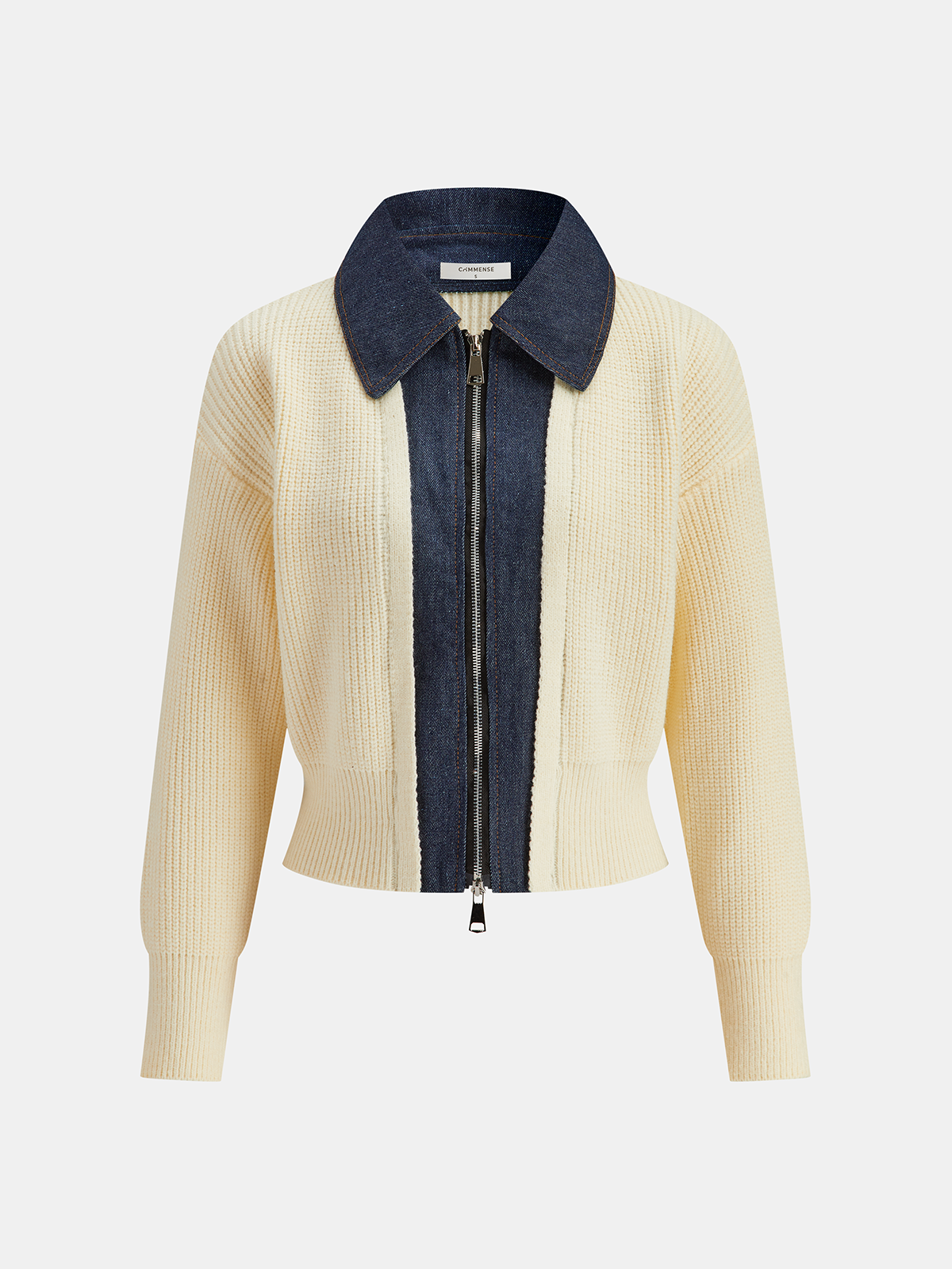 Denim Panel Zip Knitted Cardigan