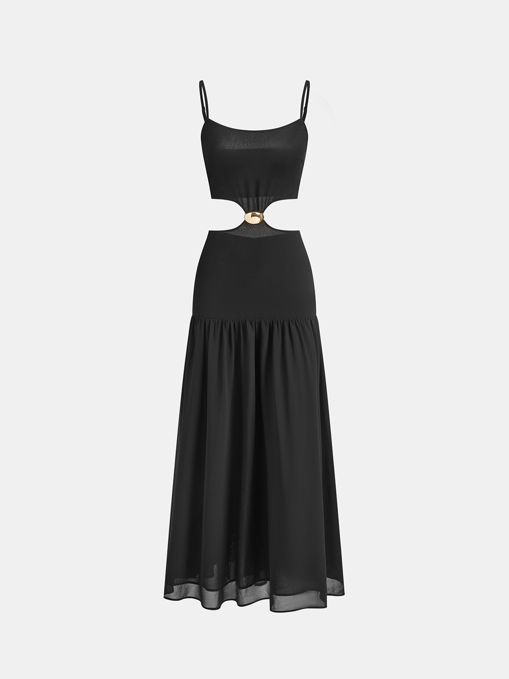 Robe longue en mousseline découpée avec détails métalliques