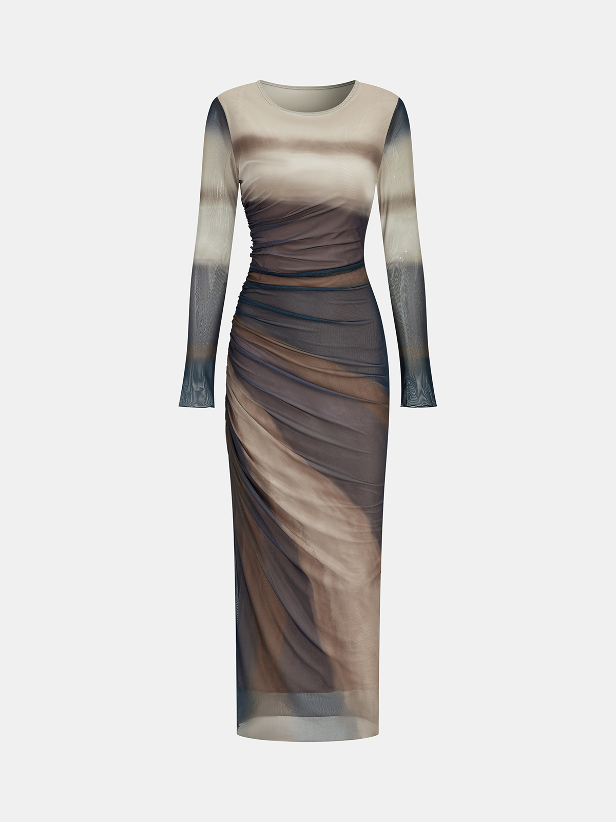 Ombre Langarm gerafftes Mesh-Maxikleid