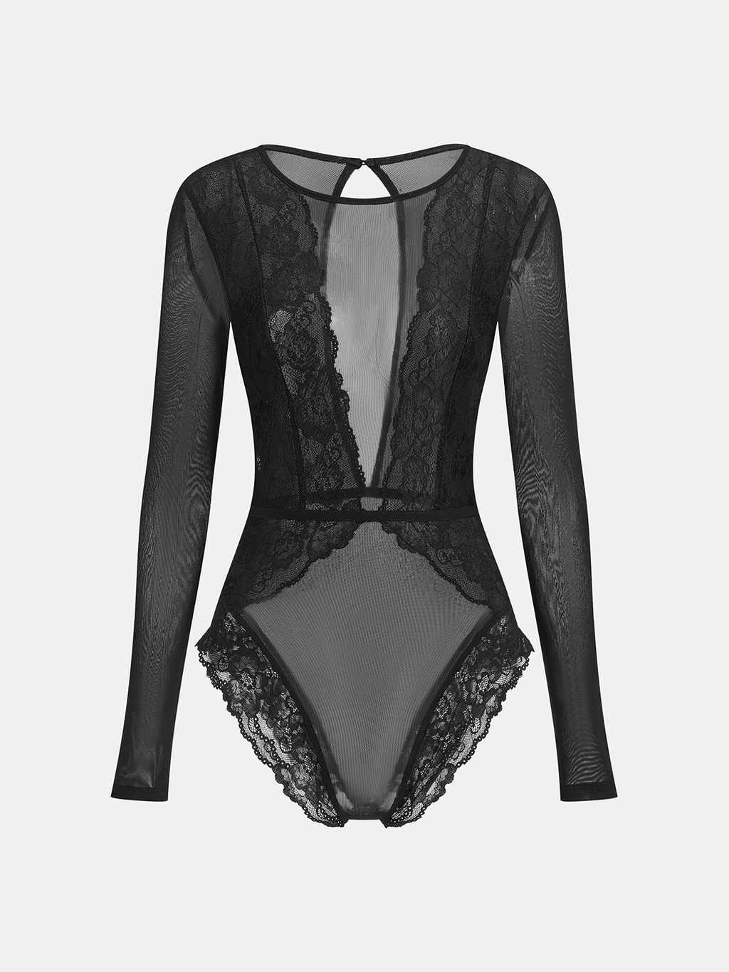 Body string en dentelle et résille transparentes à manches longues
