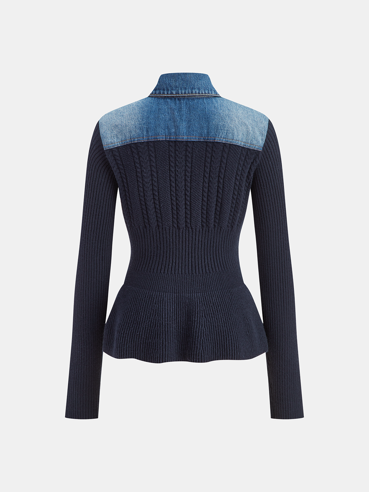 Denim Collar Cable Knit Button-Front Peplum Cardigan