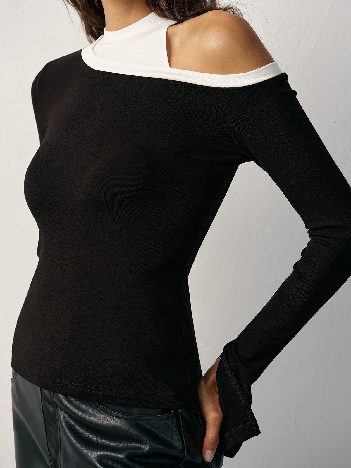 Color Block Asymmetric Cut-Out Long Sleeve T-Shirt