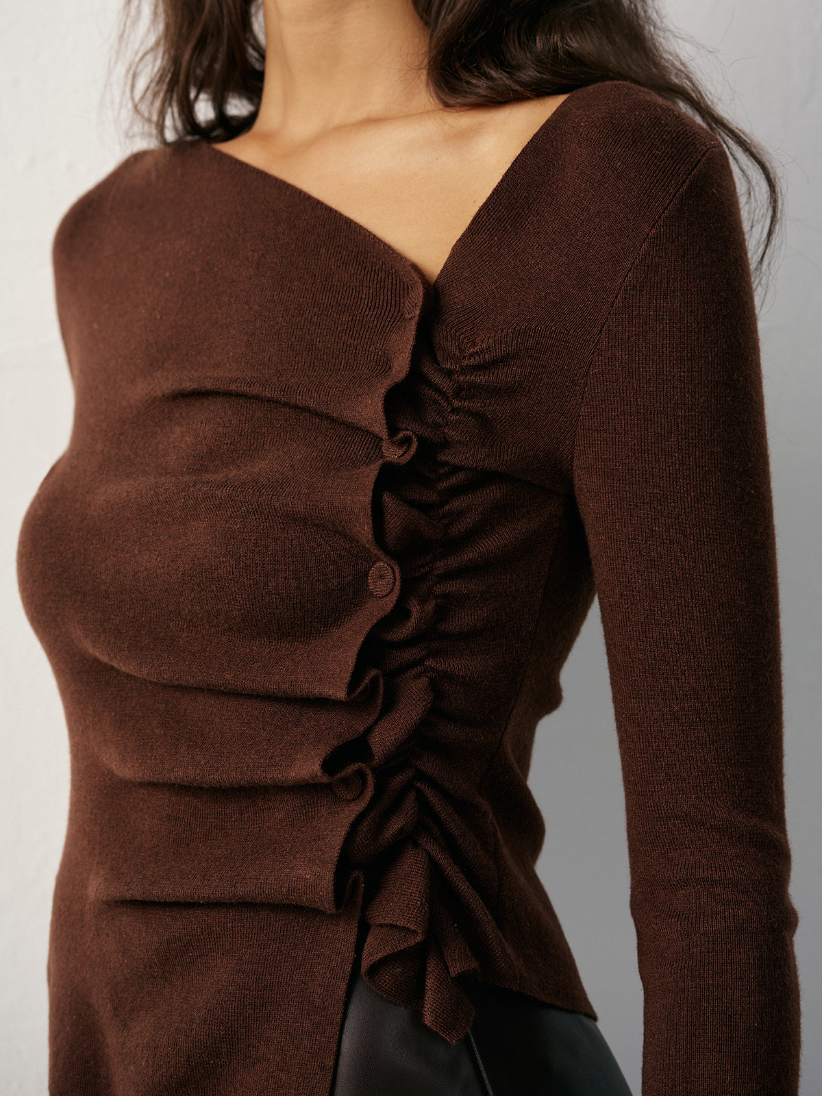 Wool Blend Asymmetric Ruched Side-Button Cardigan