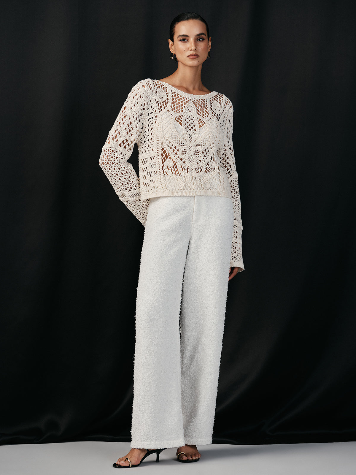 Tweed Mid-Waisted Wide-Leg Pants