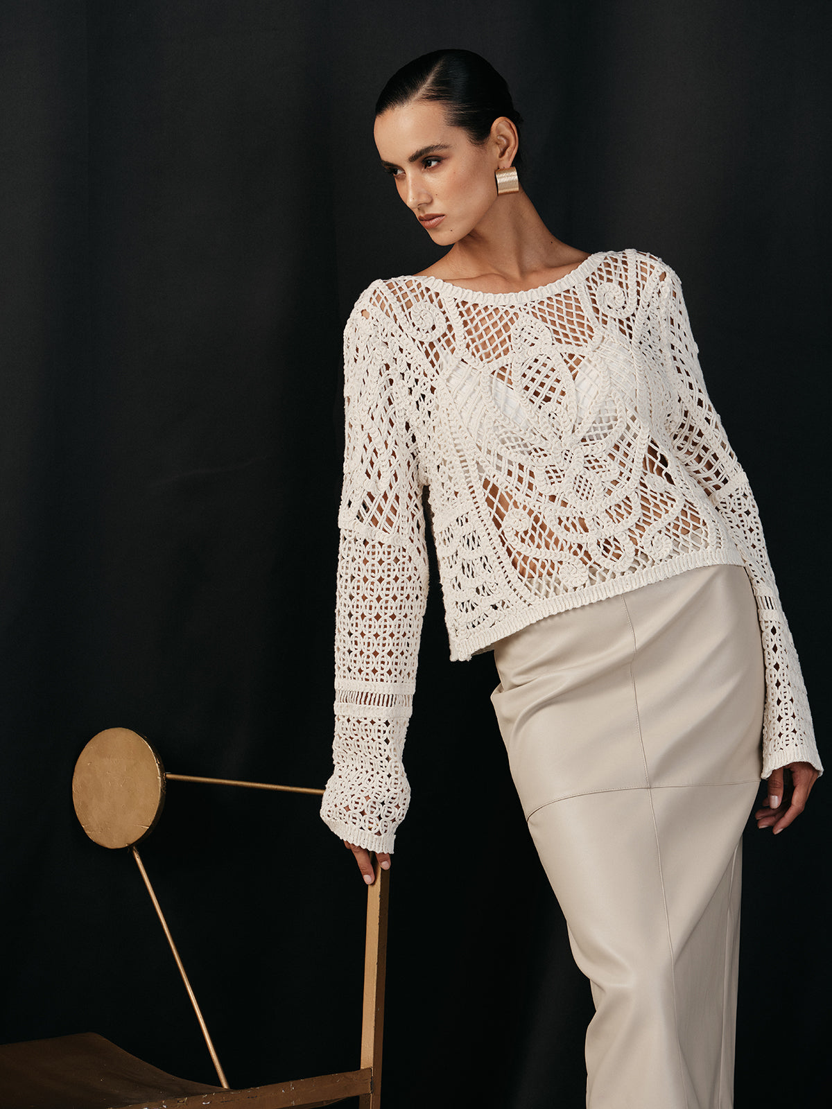 Cotton Crochet Long Sleeve Knit Top