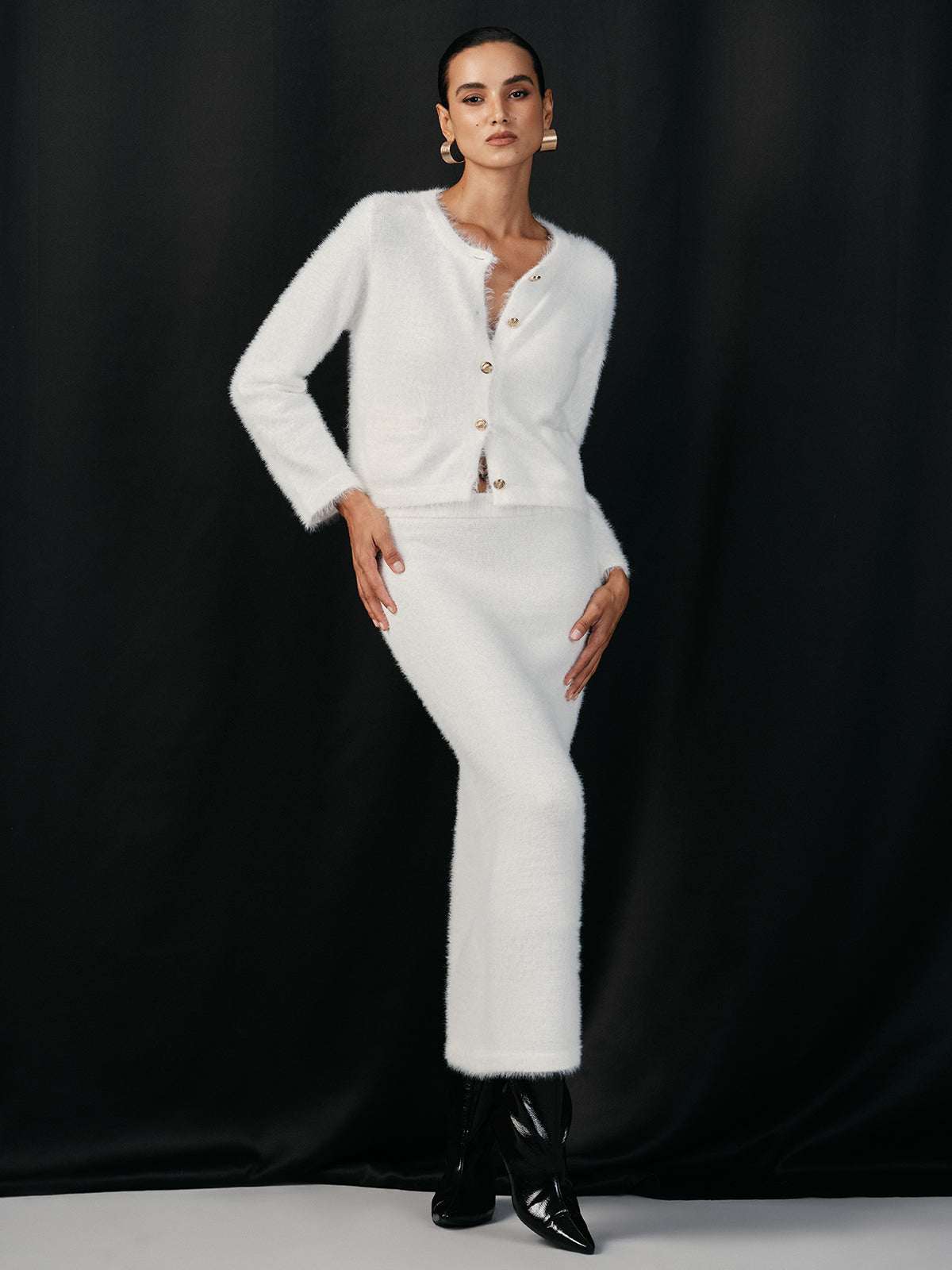 Fluffy Metal Button Cardigan and Skirt Set