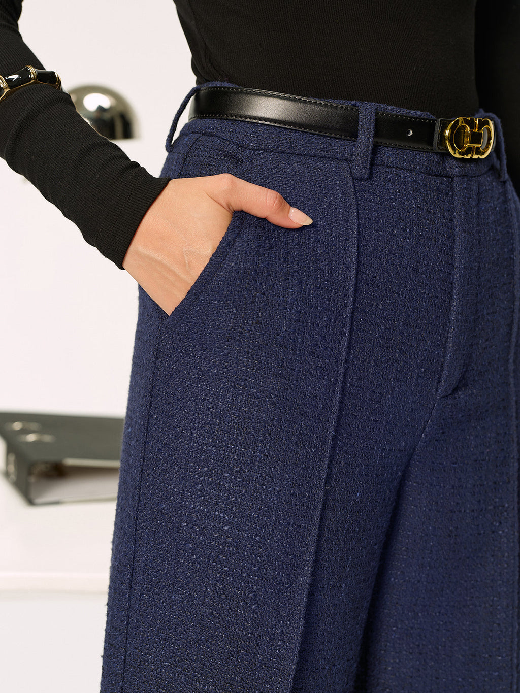 Pantalon droit en tweed taille mi-haute sans ceinture