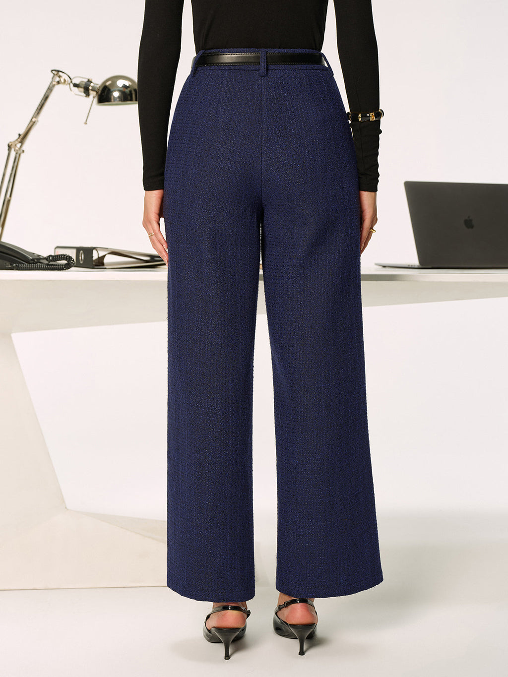 Pantalon droit en tweed taille mi-haute sans ceinture