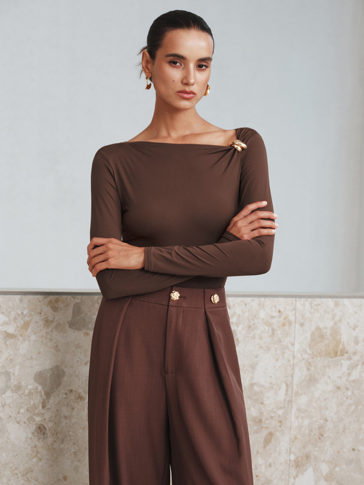 Metal Detail Asymmetric Neckline Bodysuit