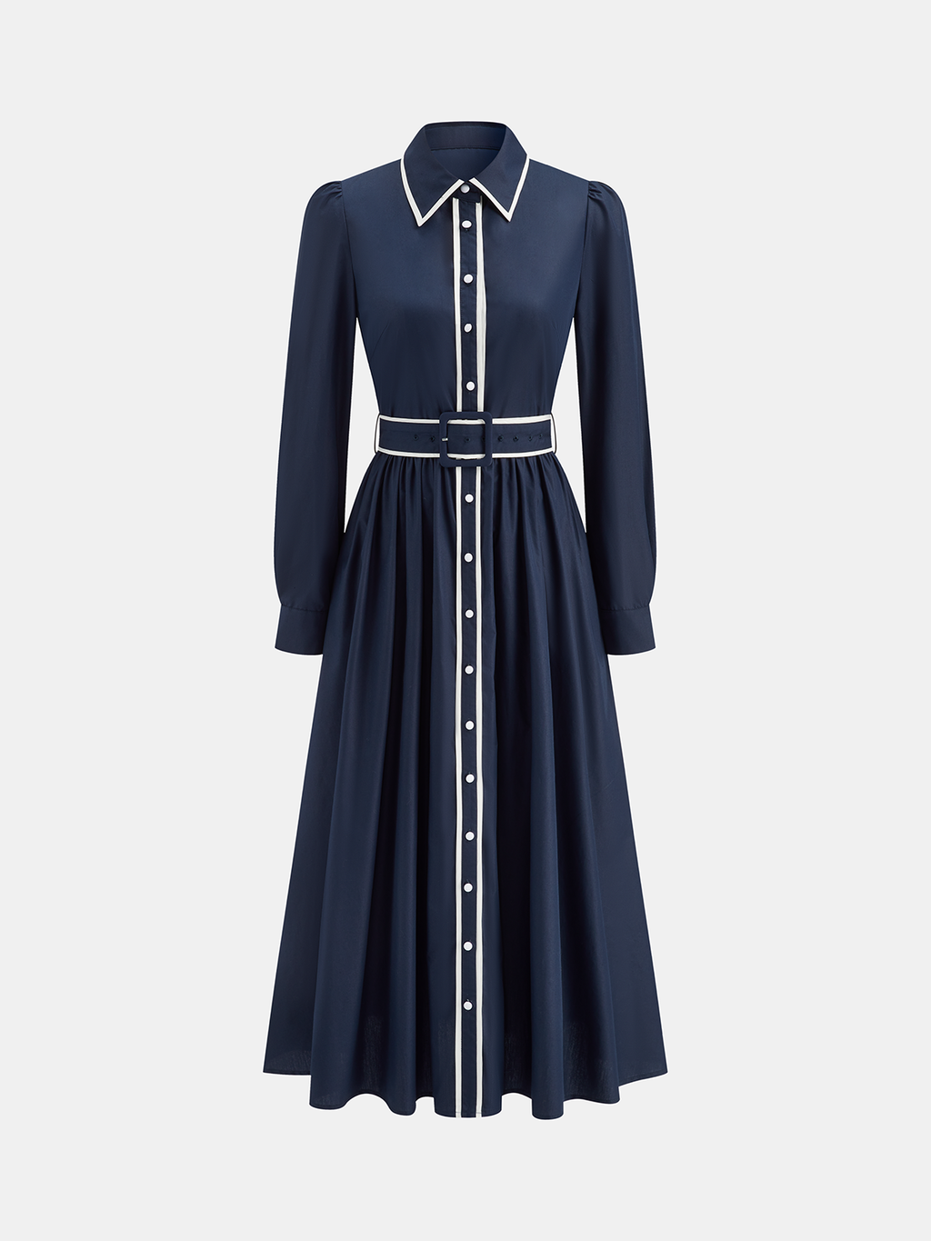 Contrast Trim Belted Pleated Shirt Dress