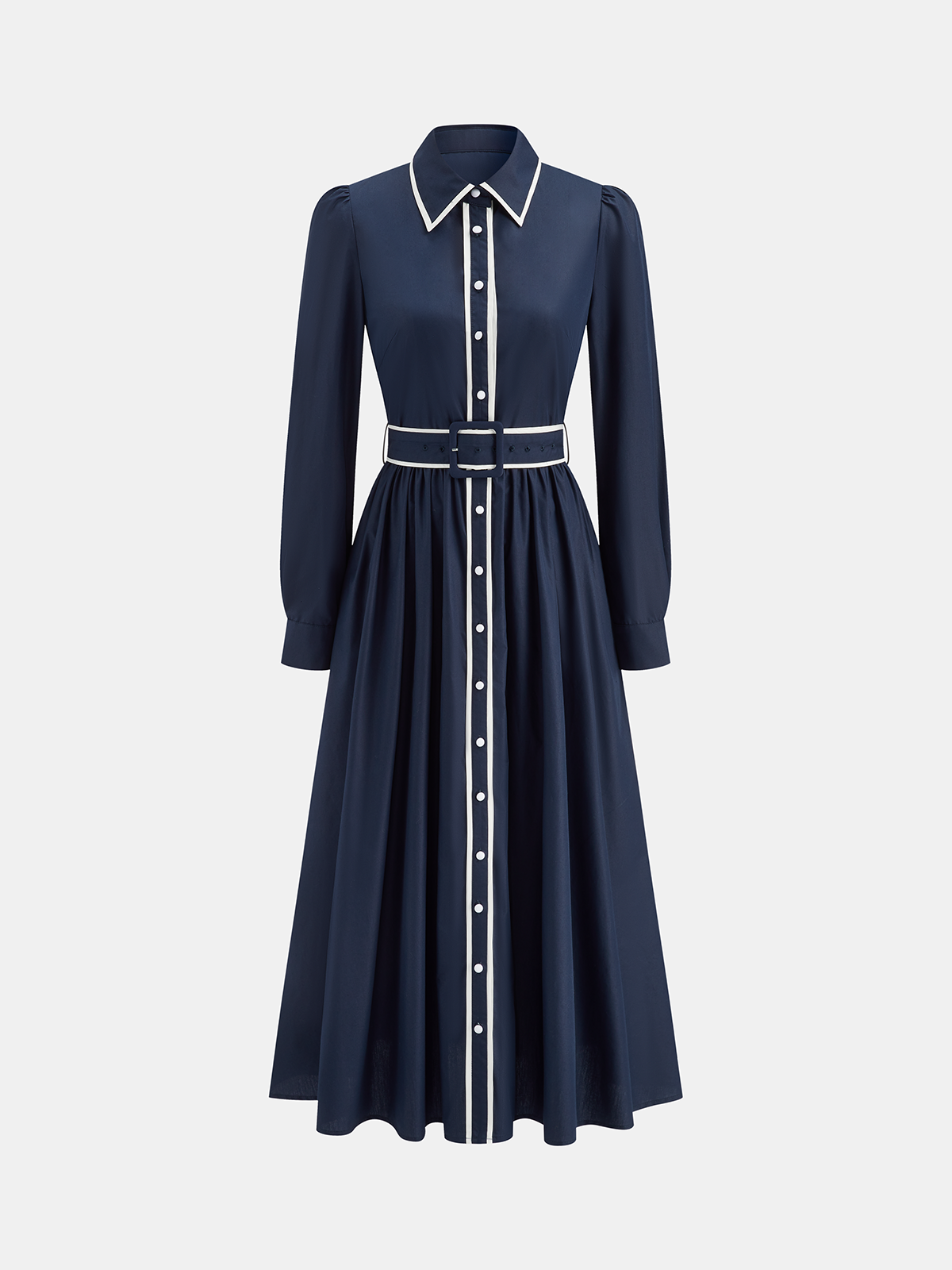 Contrast Trim Belted Pleated Shirt Dress