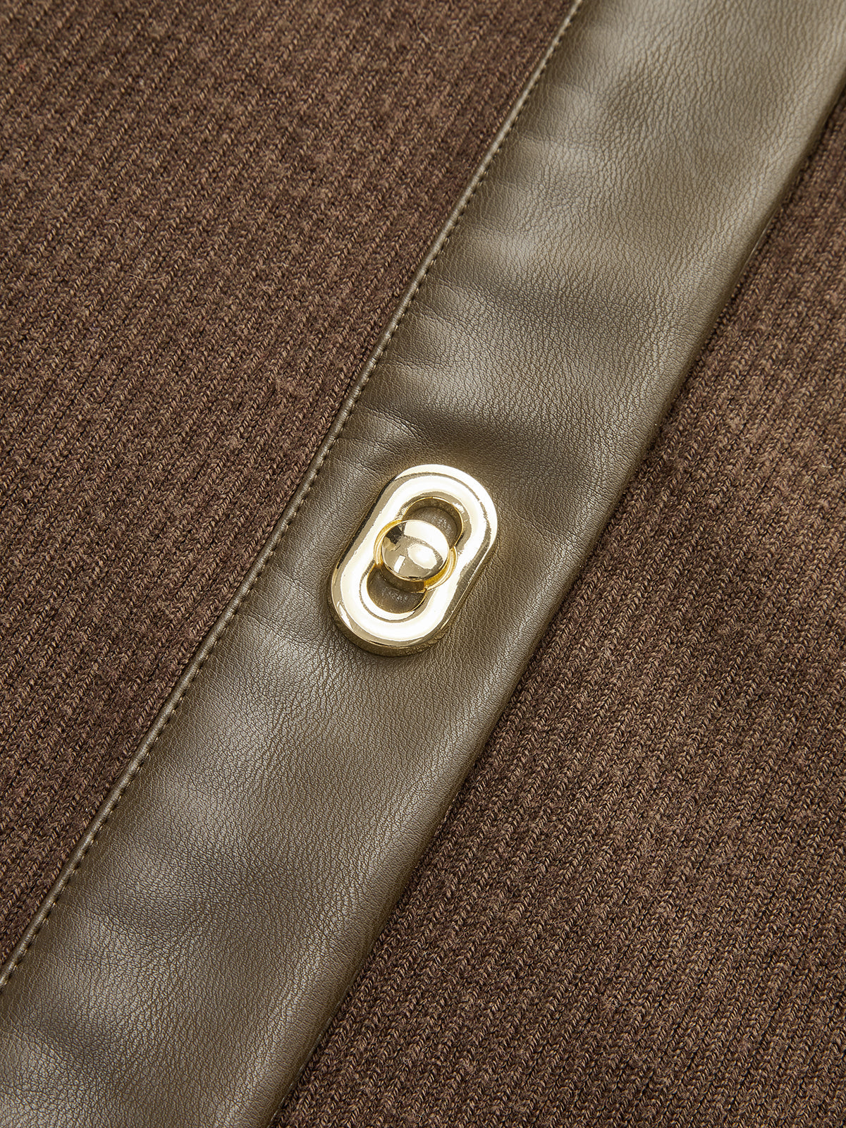 Shirt Collar Faux Leather Panel Ribbed Midi Dress